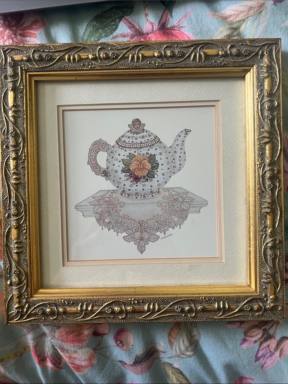 Vintage Wanda Lee Framed Art Print - Victorian Floral Teapot